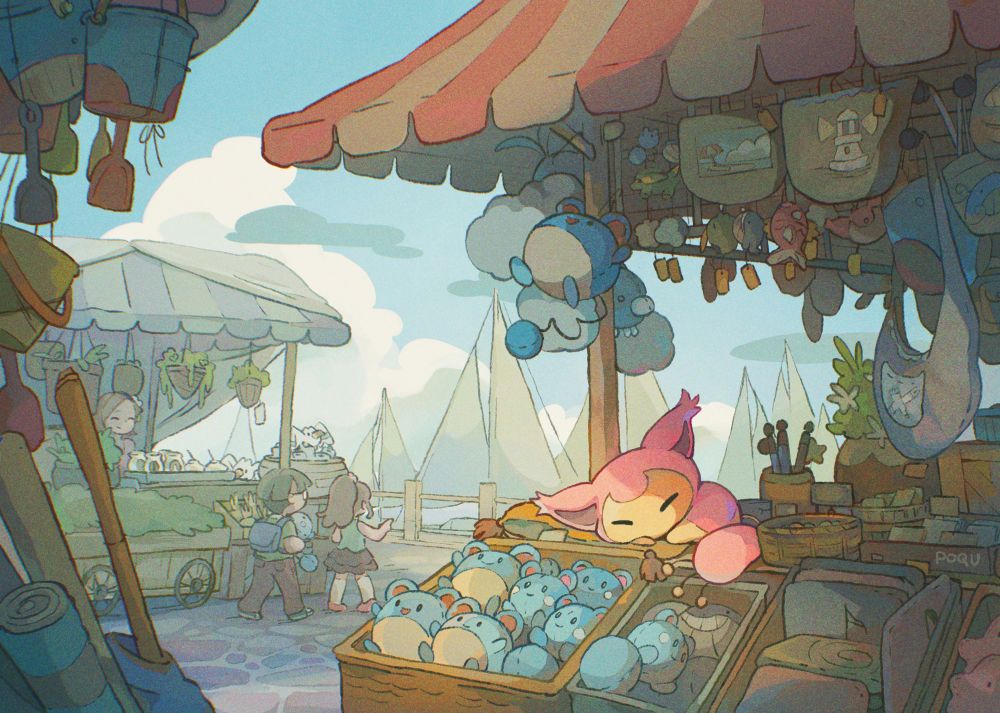 An illustration of Skitty sleeping on a slateport city market stall that sells pokedolls like marill, azurill, and swablu. Nearby stalls have plants and beach equipment. The sails of boats can be seen in the back.