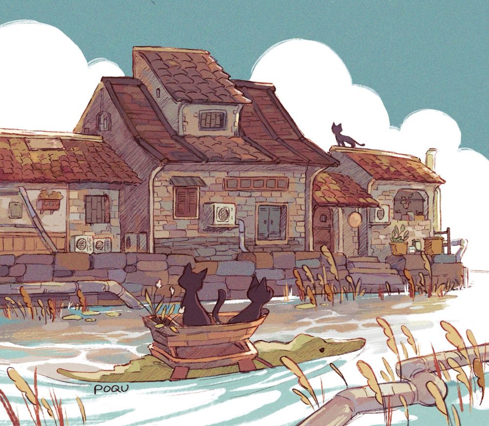 an illustration of two cats riding in a mini boat strapped to a swimming crocodile. there are several houses in a line the back, sitting by the water. reeds are growing and piping is running by the water.