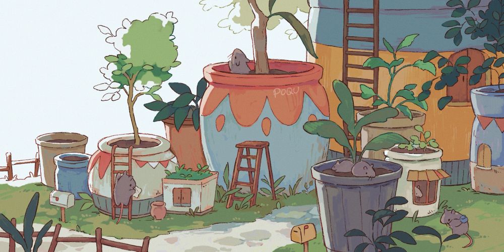 illustration of a bunch of potted plants that rats are living in. the pots are colorful with homey decorations and ladders set out to help the rats climb into their homes. one rat is standing on their ladder while polishing the wall of their pot.