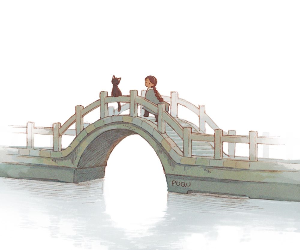 illustration of a girl with long braided hair walking on a small arched bridge. she faces a black cat sitting on the railing. the sky and water are faded white as if in fog.