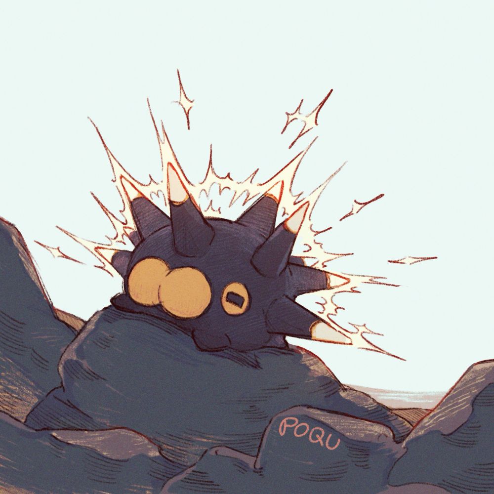 illustration of pincurchin sitting atop some beach rocks. Its pins are lit up as it runs electricity through them with sparks flying out.