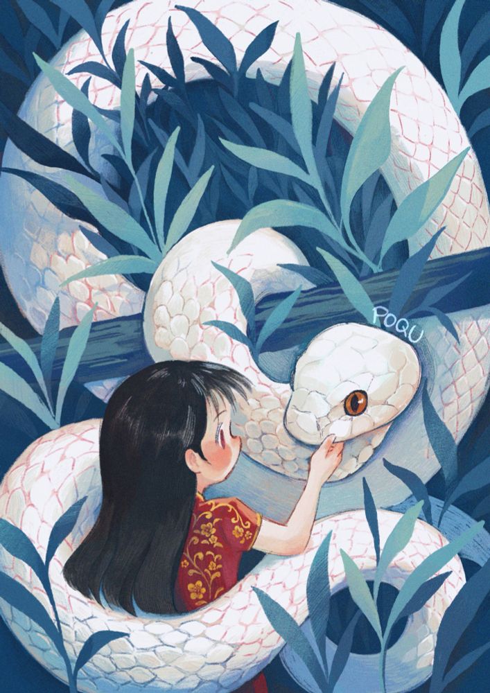 illustration of a large white snake and young girl wearing a red qipao. The snake is twisted all around the canvas, wrapping the branches, plants, and girl. The girl is facing the snake and lightly stroking its face. the surrounding plants and leaves are shades of blue and mint.