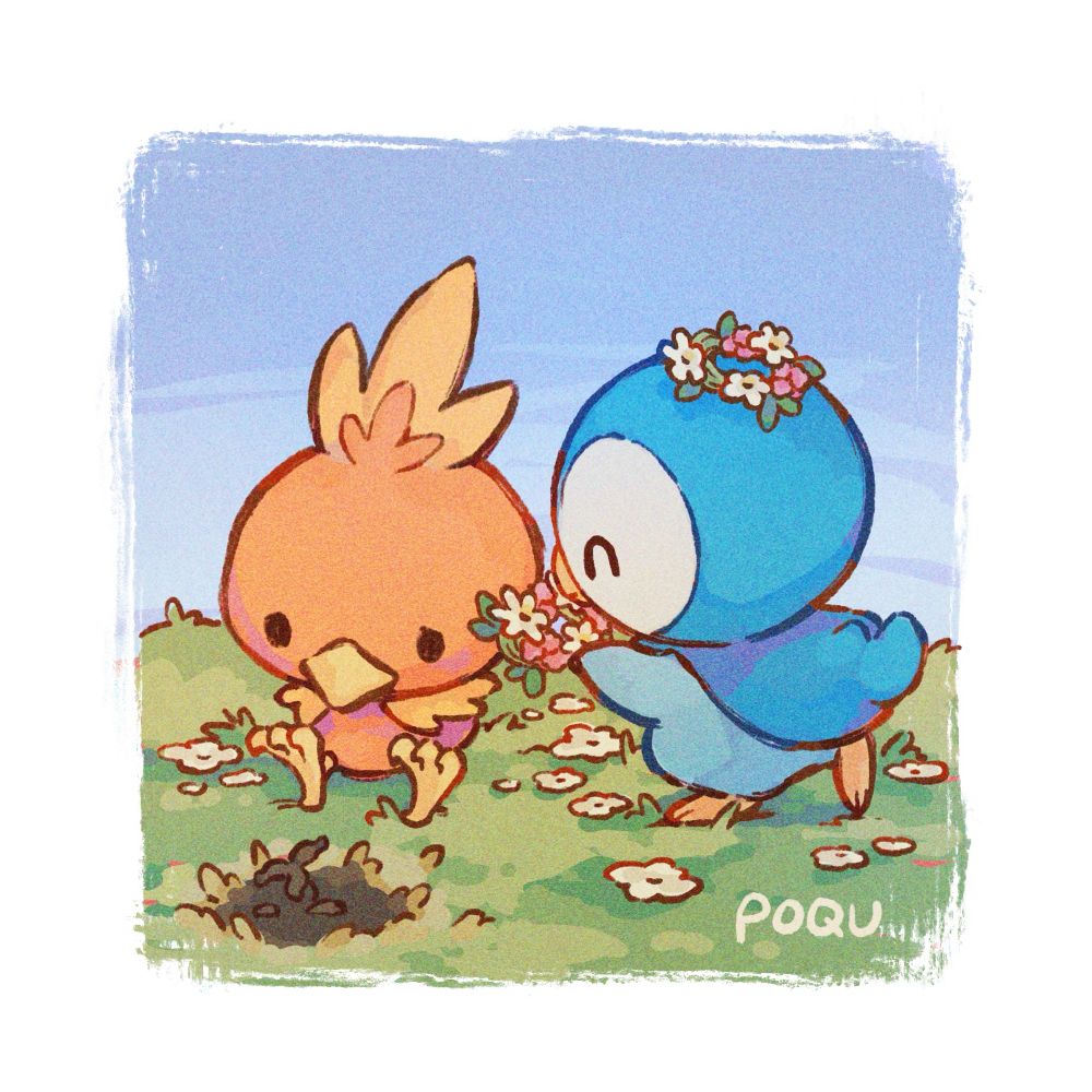 Illustration of Piplup and Torchic in a field with some flowers. Torchic is sitting down sad, with a burnt patch of grass and flower in front of him. Piplup is cheerfully bringing a new flower crown to Torchic, while wearing a flower crown himself.