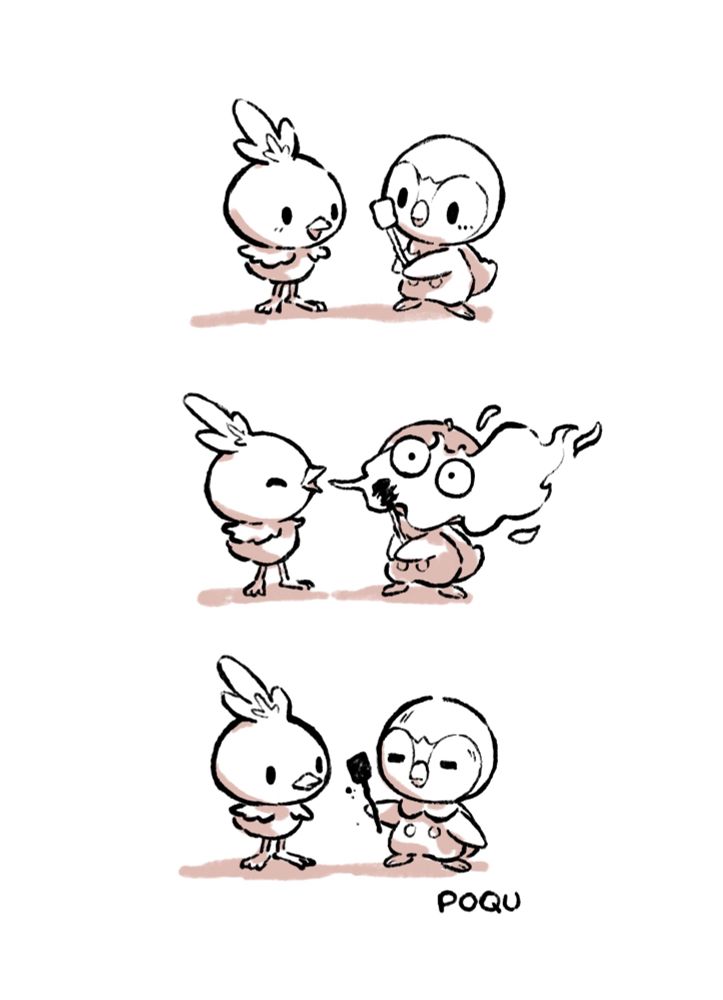 3 small drawings of piplup and torchic: 1: piplup is holding a marshmallow on a stick in front of torchic. they are excited about it. 2: torchic happily uses a flamethrower on piplup and the marshmallow, covering them in the fire. 3: piplup is annoyed holding  the completely burnt marshmallow and stick. torchic is a little confused.
