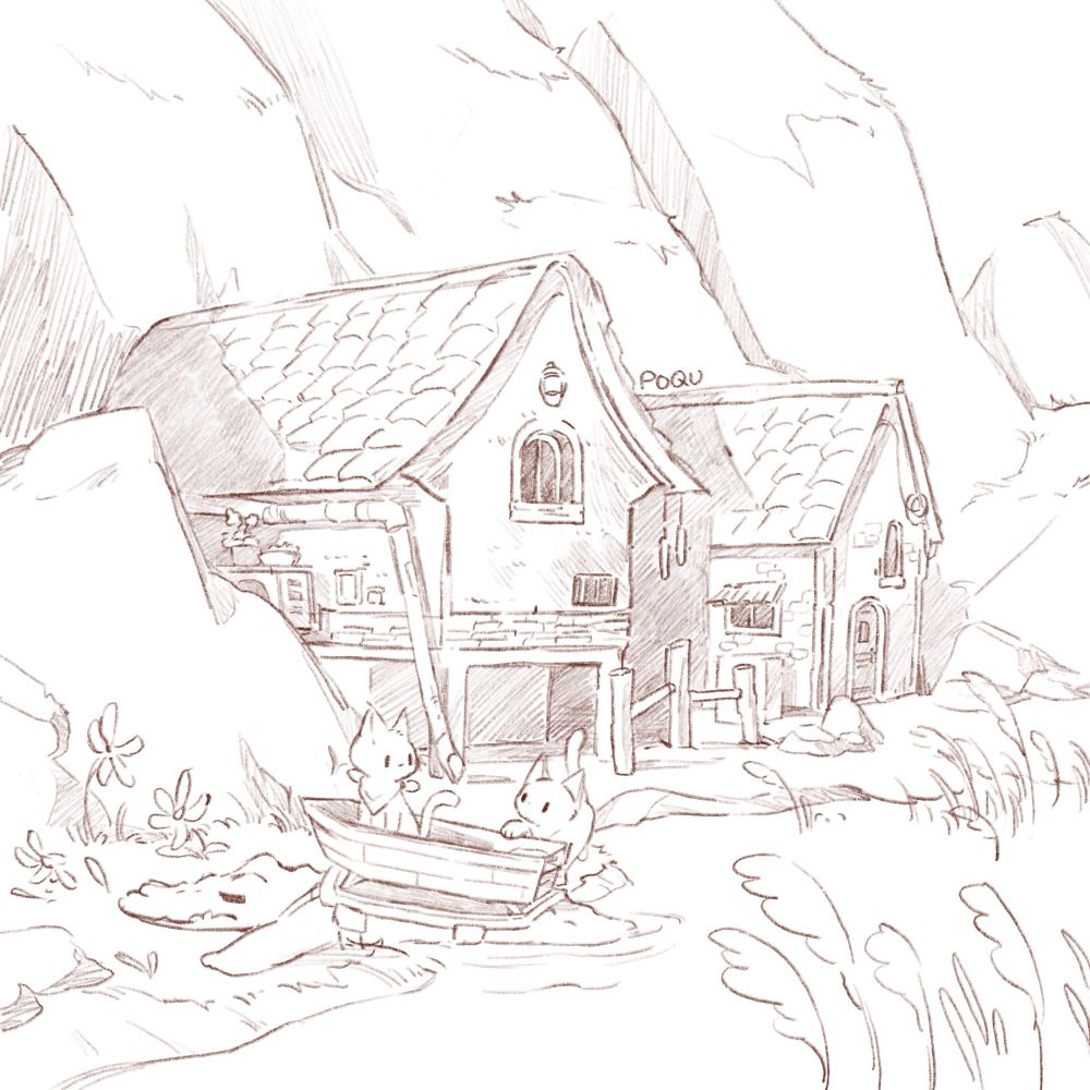 a sketch of two lakeside houses with tall cliffs behind them. a crocodile is coming to shore with a mini wooden boat strapped to it. a cat is in the boat and another cat is next to them hoping to get in.