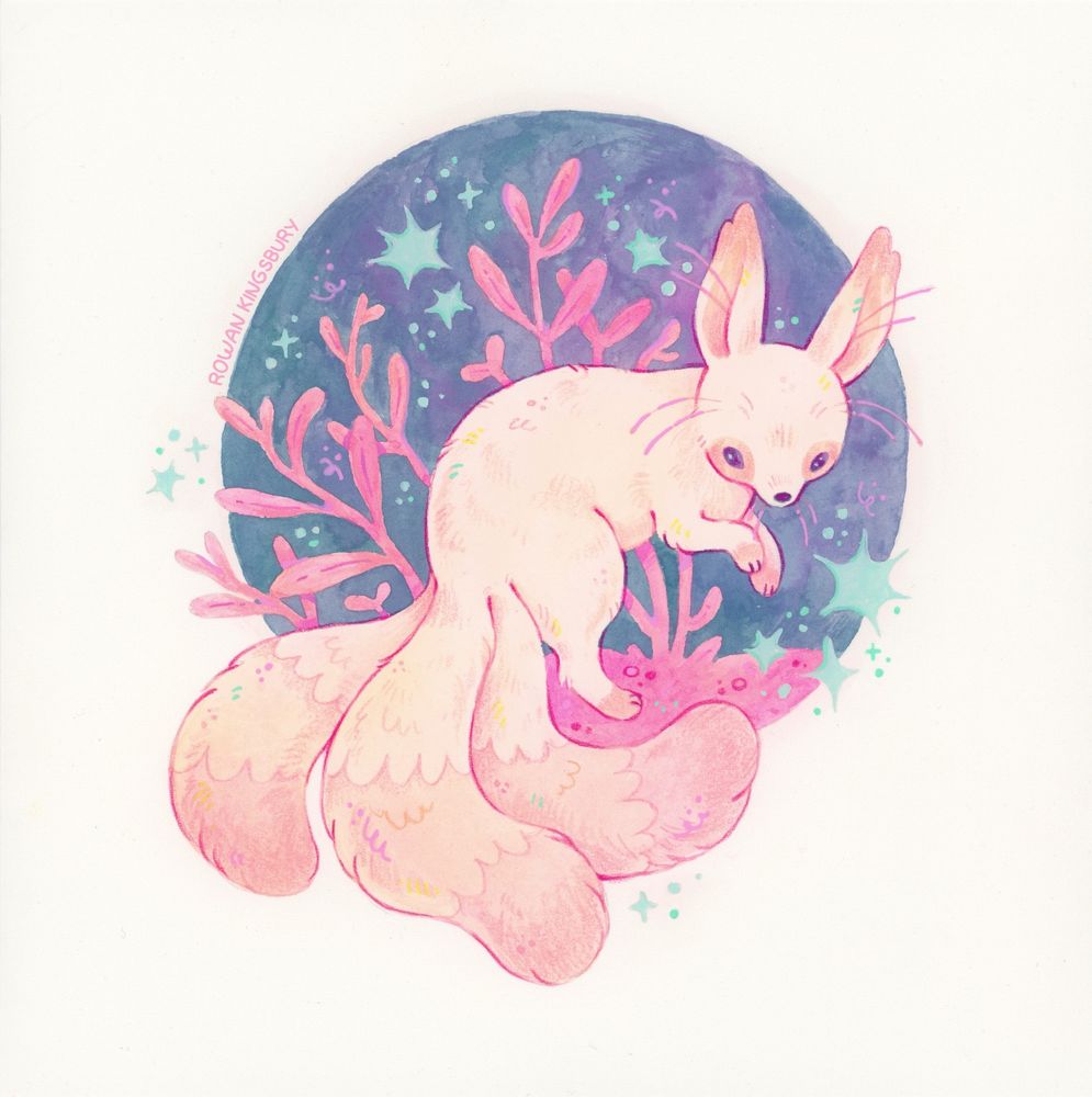 A gouache painting of a desert fox with three tails over a circular purple background, with pink plants and sparkles around it.