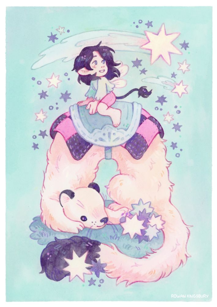 Painting of a fairy girl riding the back of an ermine while stars shoot overhead and pile on the ground around them. 