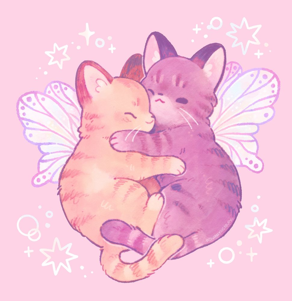 illustration of two kittens with fairy wings cuddling together.