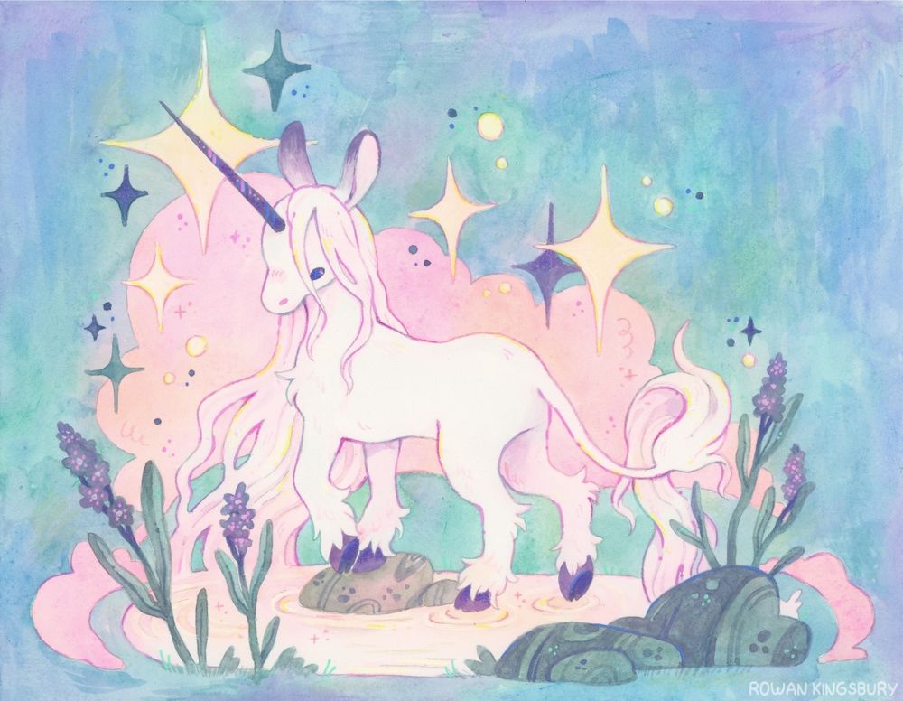 An illustration of a unicorn in a pond with 8 big stars around it.