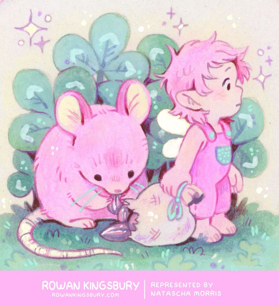 An illustration of a small fairy kid looking off to the side, unaware of the small mouse stealing pumpkin seeds from their bag. Underneath it says "Rowan Kingsbury - Rowankingsbury.com - Represented by Natascha Morris"