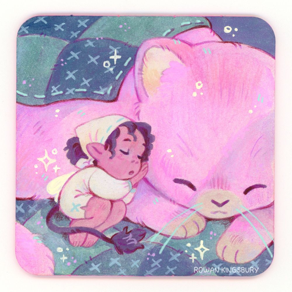 A gouache painting of a small fairy girl napping with a pink kitten who has a small quilted blanket on it's back.