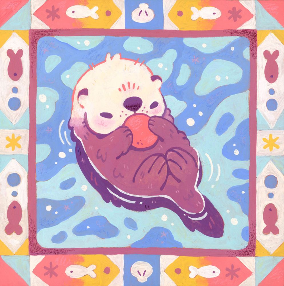 Painting of an otter on it's back in some water. Bordered by a quilt-like border full of fun shapes and colors and fish.