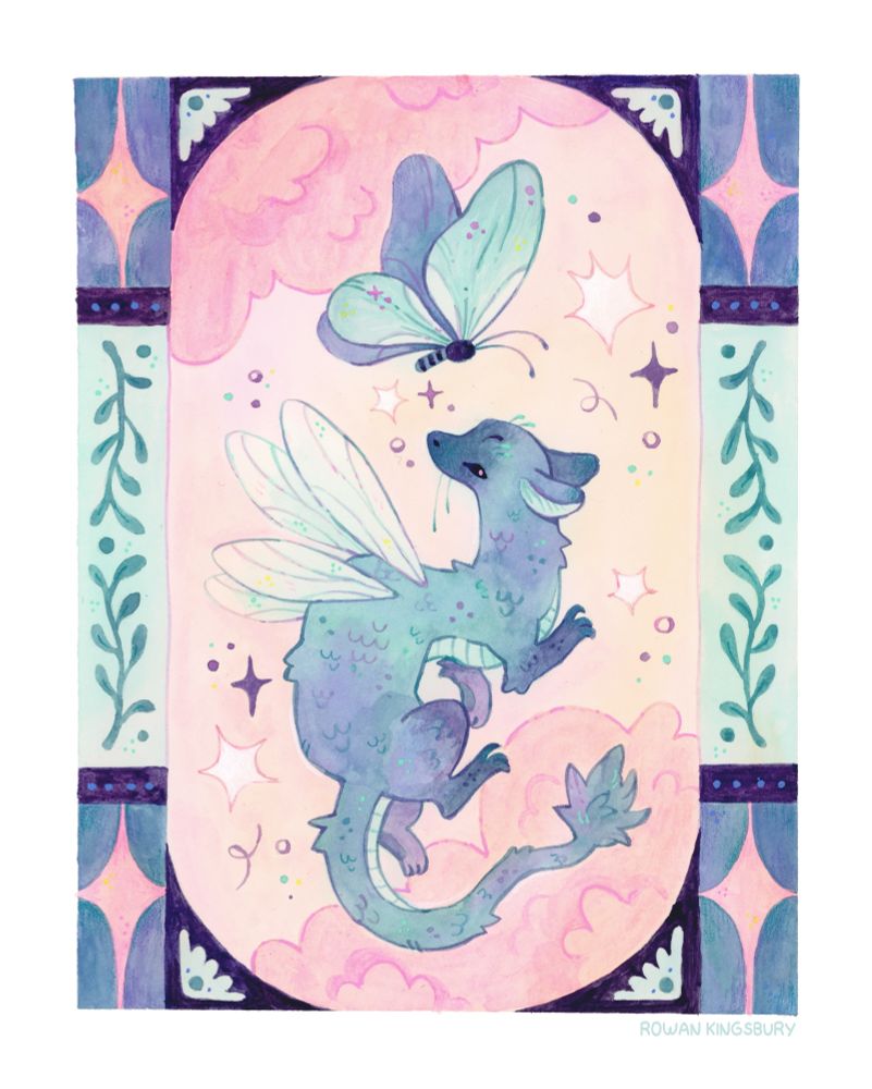 A gouache painting of a small dragon with bug wings flying with a blue butterfly over pink clouds. Framed by decorative borders.