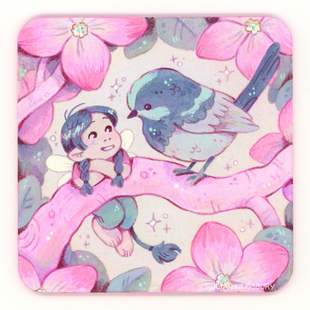 An illustration of a fairy girl hanging off of a tree branch next to a little fairy wren.