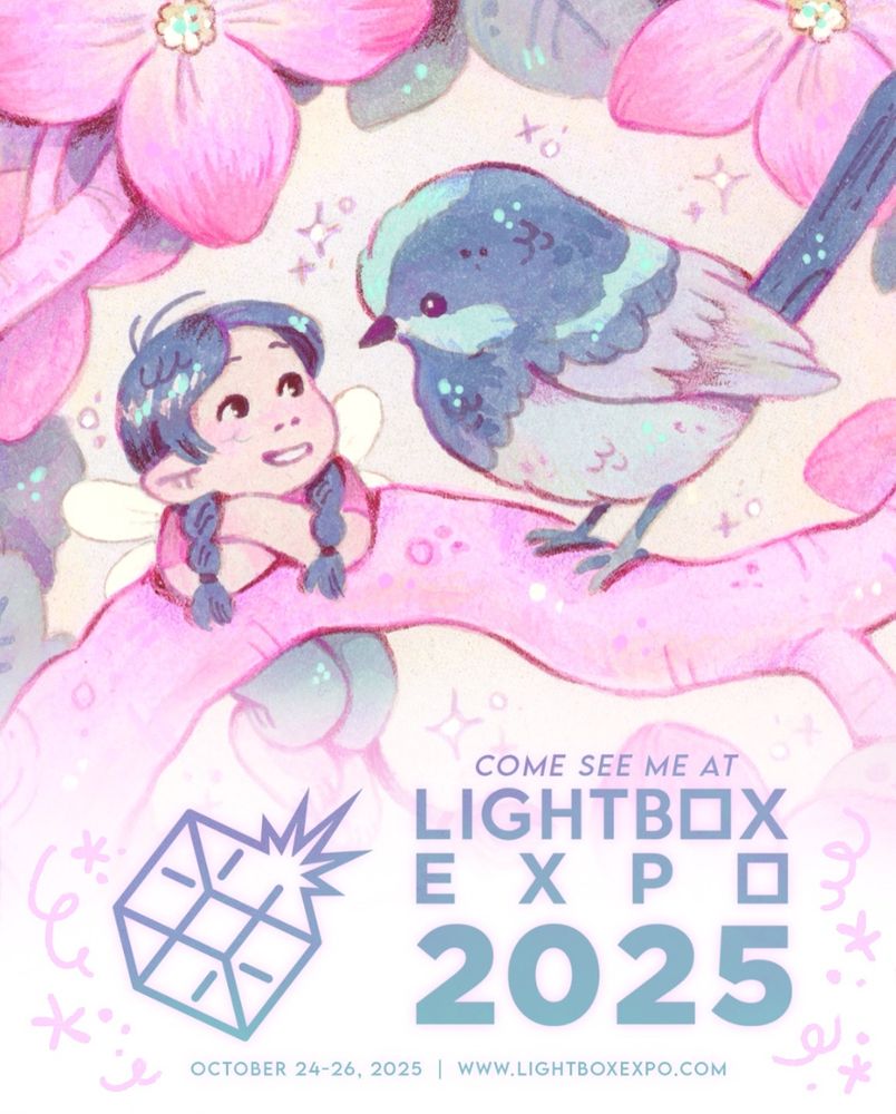 An illustration of a fairy girl and a bird with a gradient over it to show the light box expo logo. Reads “come see me at lightbox expo 2025 - october 24-26, 2025 - www.lightboxexpo.com”