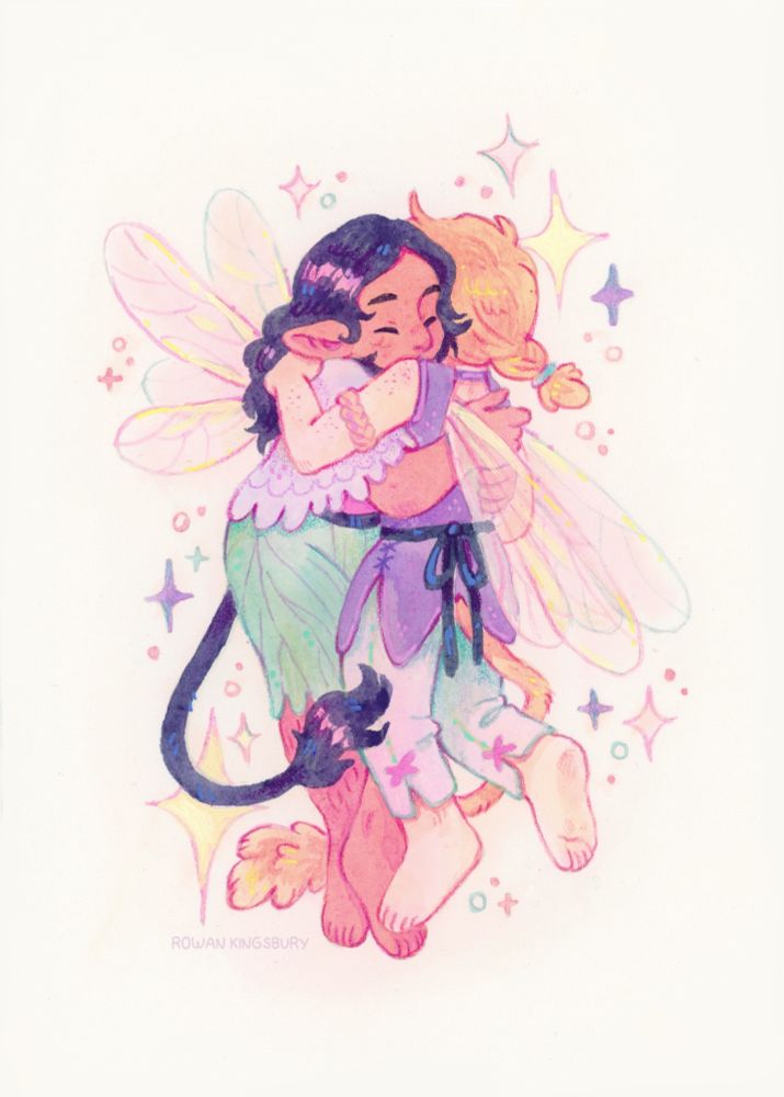 A gouache painting of two fairies hugging in mid air.