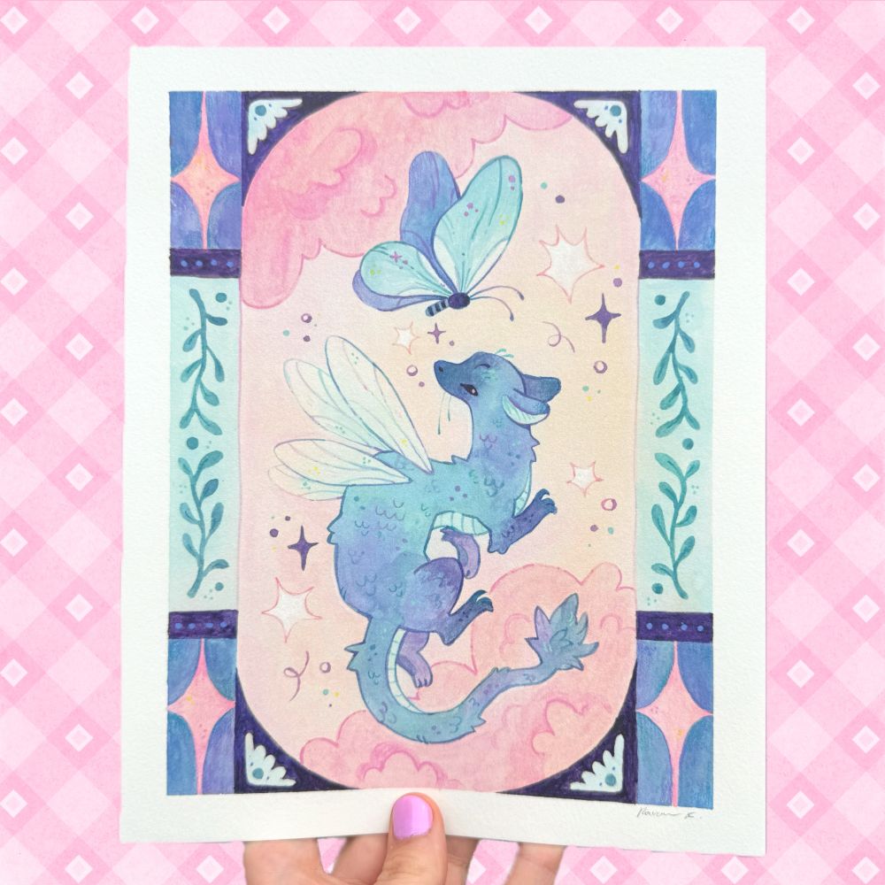 the previous painting held up as a print over a pink patterned background