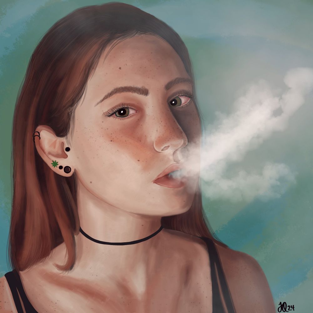 Digital painting of a portrait of a young woman with long brown hair blowing a puff of smoke
