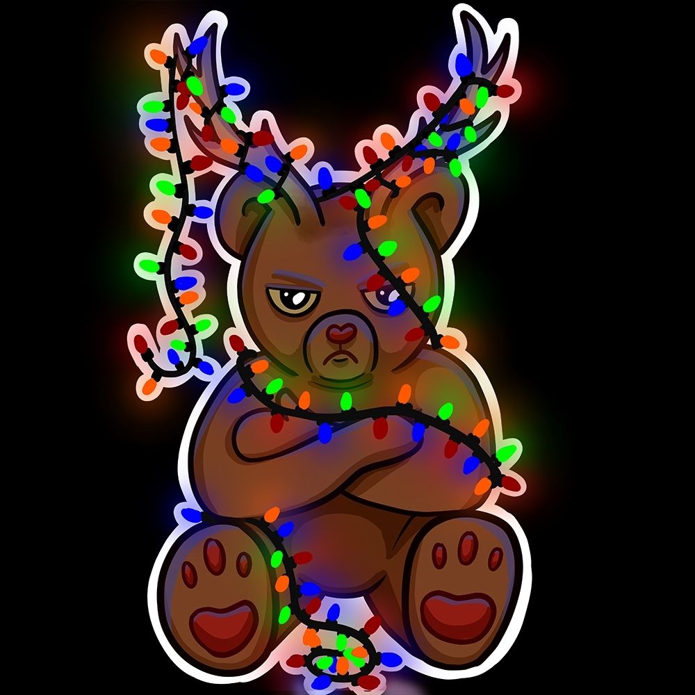 A grumpy cartoon teddy bear, sitting with arms crossed, tangled up in Christmas lights