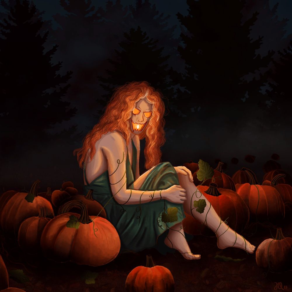 A digital painting of an orange-haired woman sitting in a dark field of pumpkins, with a jack-o-lantern smile carved into her face, lit from within