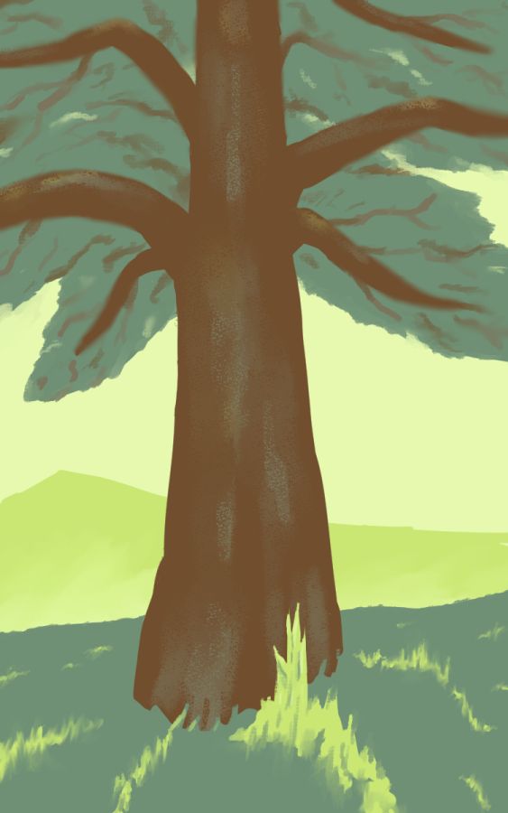 A digital painting of a tree using a dark saturated brown for the trunk, a desaturated green (more on the blue than yellow side) for the grass and leaves, a saturated yellow-ish green for highlights in the grass and mountain with atmospheriec perspective and light yellow/green for sky. A tuft of light grass sticks up particularly high in front of the trunk and the branches hang heavy. It has a low horizon line.
