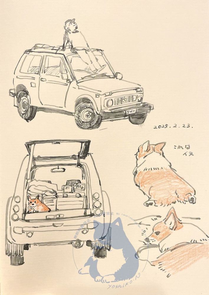 万年筆スケッチ。
車のスケッチが２つ。ひとつは後ろの扉を開けたところ。右下にコーギーのスケッチ。