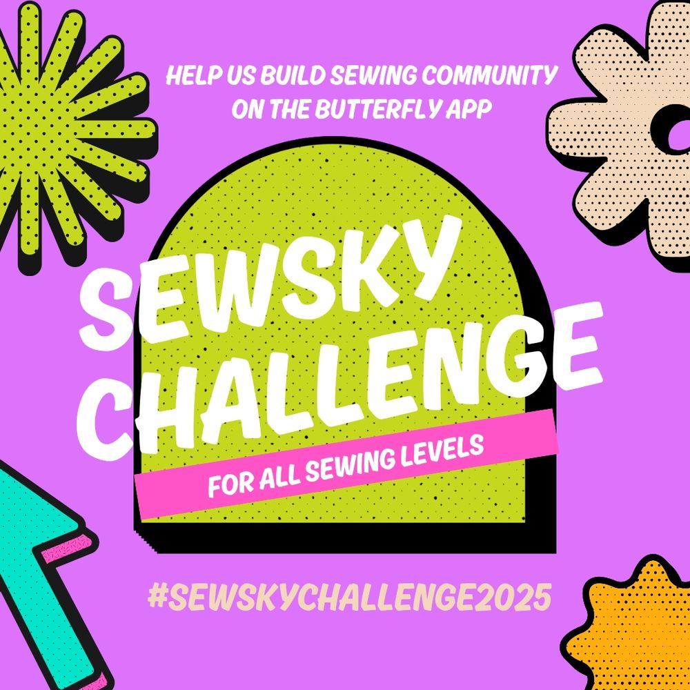 Purple graphic that says "Sewsky Challenge" and the hashtag #sewskychallenge2025 with bright colored shapes around the edges of the frame. 