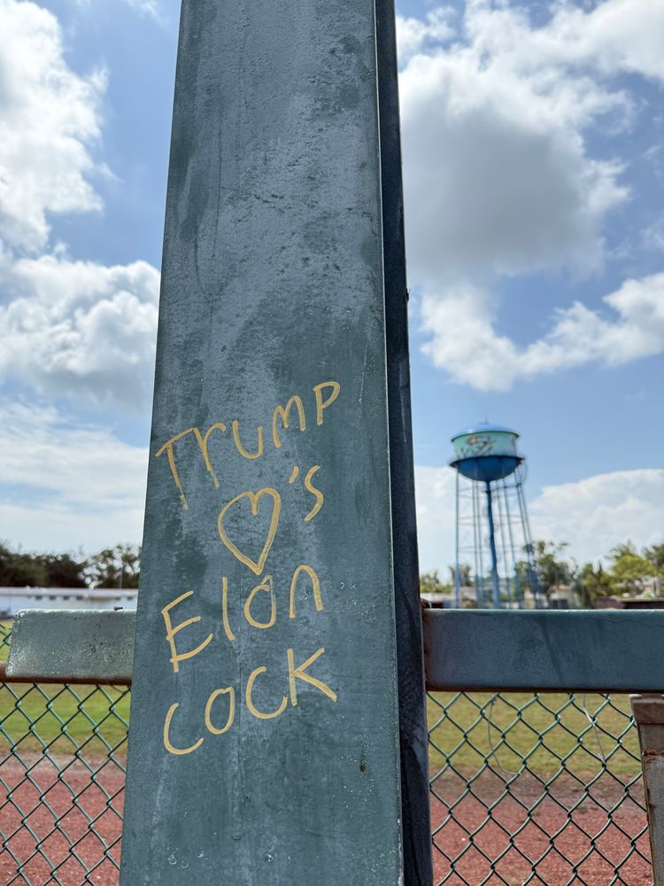 A pole around a baseball field that says Trump hearts Elons c0ck with a water tower in the background 