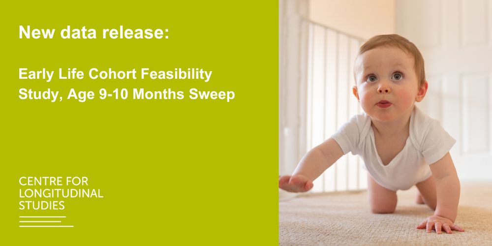 Text saying New data release: Early Life Cohort Feasibility Study, Age 9-10 Months Sweep next to photo of crawling baby