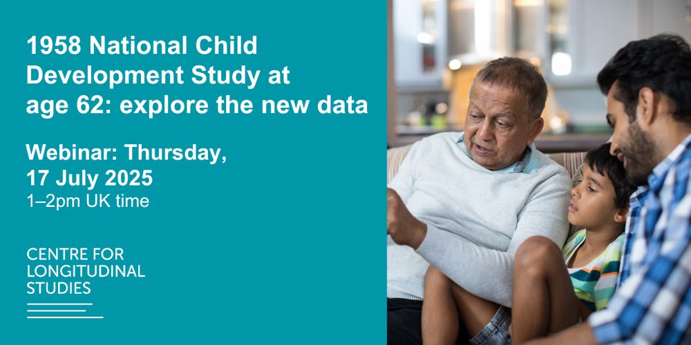 Grandfather showing tablet to grandson sitting with father at home.
1958 National Child Development Study at age 62: explore the new data
Webinar: Thursday, 17 July 2025
1-2pm UK time
Centre for Longitudinal Studies