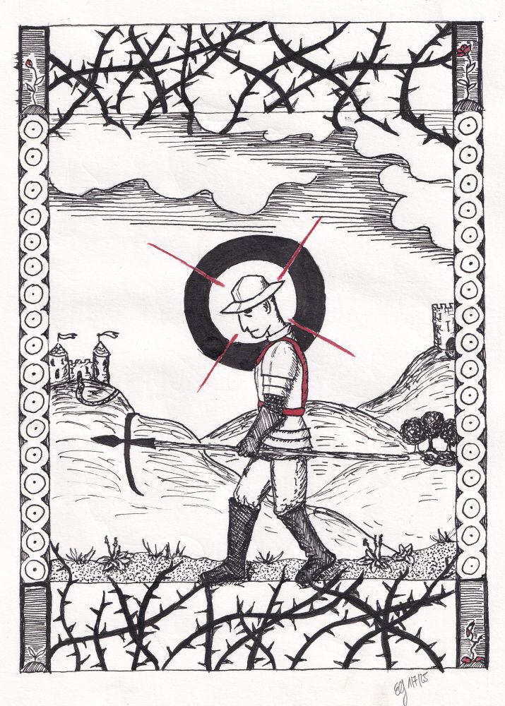 historically inspired ink drawing of a wanderer with a downturned gaze. He is framed by brambles that reach through the frame into the picture. There is a dark halo around the helmeted head of the man. He's armoured and carries a polearm of the type bec de corbin/Rabenschnabel. In the background there are stylized hills and trees. The piece is black and white with only a few red lines through the halo and his red coloured sash.