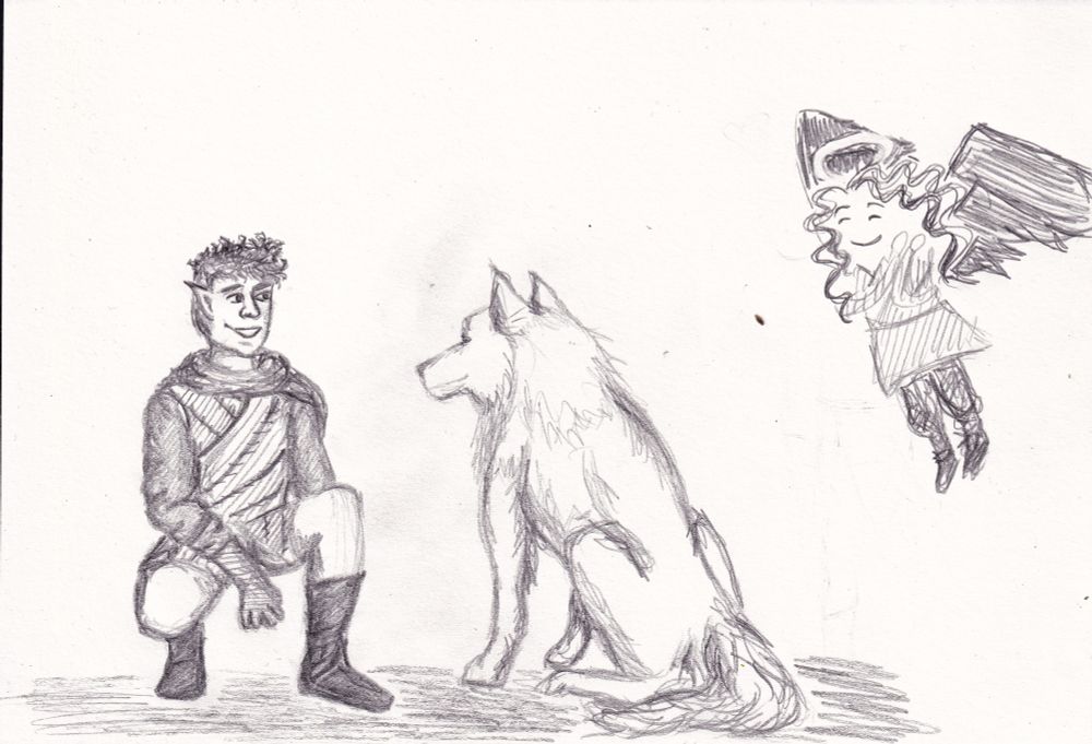 Pencil sketch of a ranger with short curly hair kneel in front of a sitting wolf. A chibi version of my Aasimar Paladin flies next to them, delighted by their meeting.
