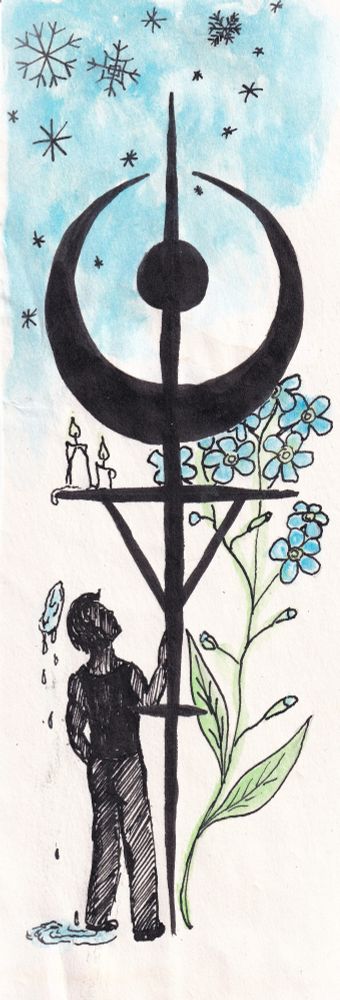 Inked bookmark with the symbol of a fantasy group in the middle with a humanoid figure standing at the bottom, looking upwards. A frozen hao over her head, dripping like rain or tears. To the right is an oversized stylized forget-me-not-plant. On a part of the symbol over the head are a few candles and in the top left corner there's a blue background with snowflakes.