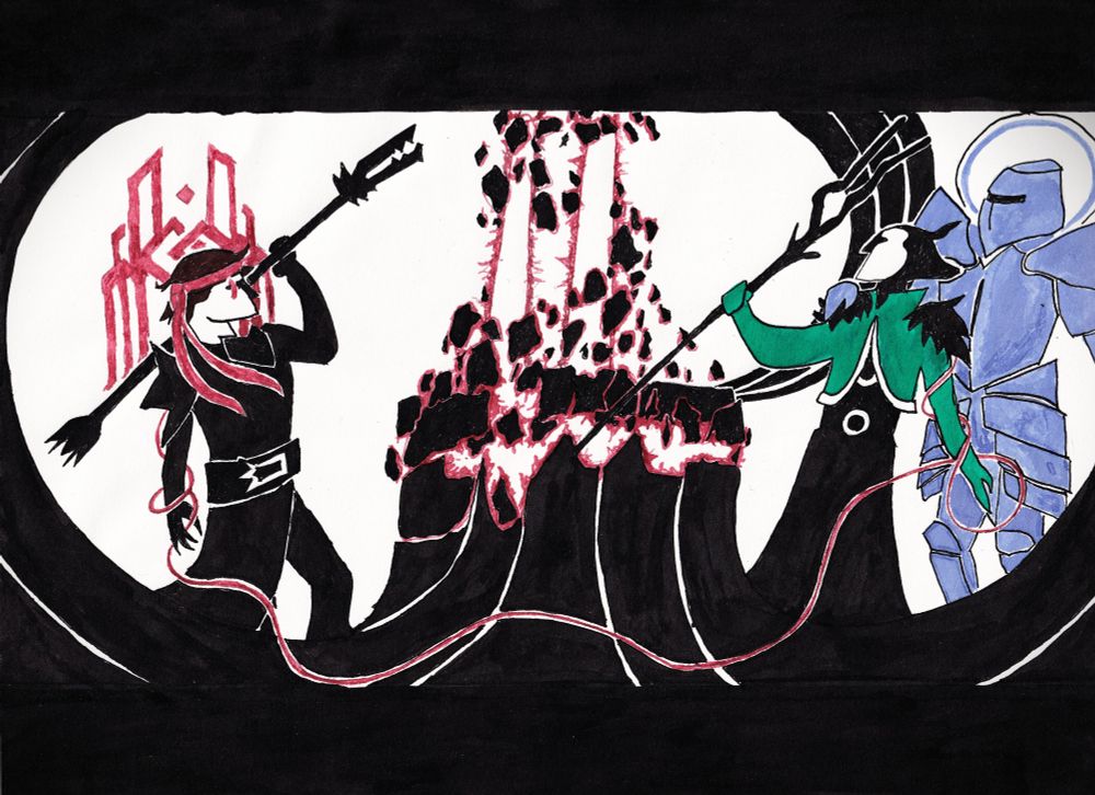 Ink drawing in black with red, blue and green details. It shows Hawke and Anders from the Dargon Age franchise and the explosion of the chantry in the background. The characters are connected by a red thread.