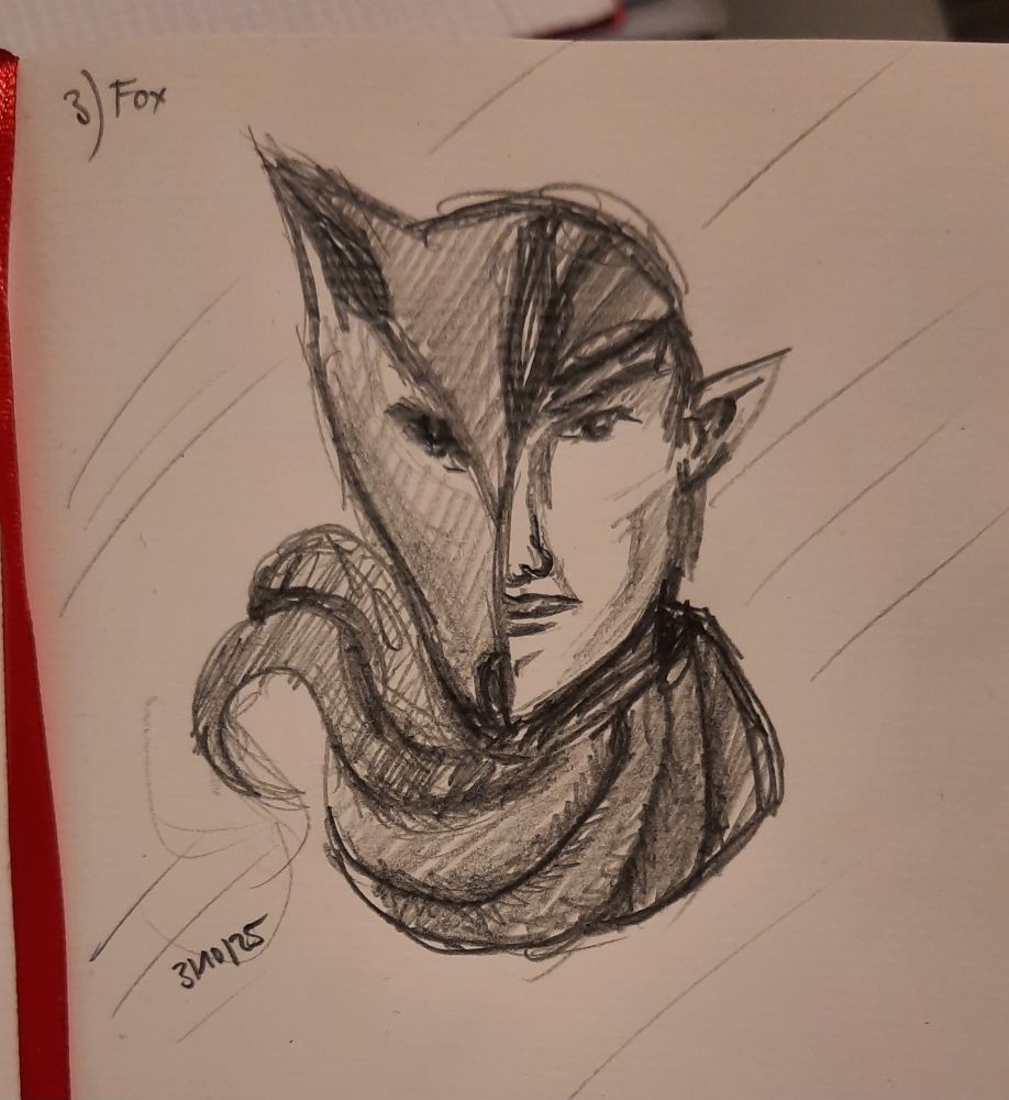 Pencil sketch of Iorveth from the Witcher 2 with half his face being the head of a fox.