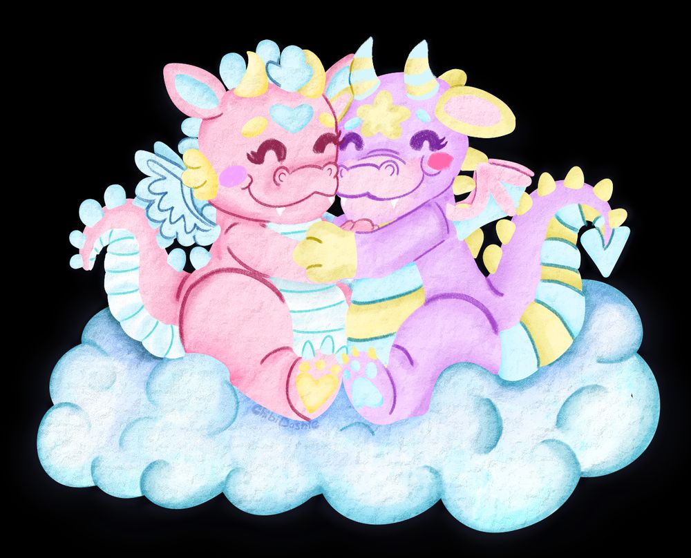 a transparent image of two dragons hugging each other on a cloud. the one on the left is pink with blue and yellow accents, and the one on the right is a lavender with blue and yellow accents. 