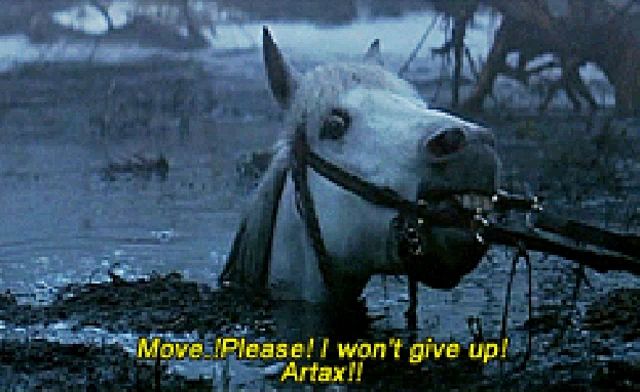 a horse is in the mud and says move please i won 't give up artax