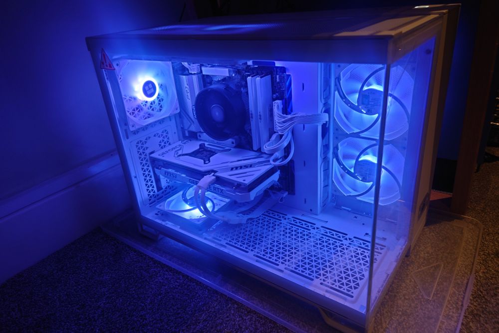 A photo of a gaming PC with blue glowing lights