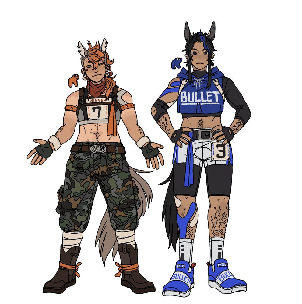 A drawing of two horses drawn as masculine girl athletes from Horse Race Tests. One is shorter with orange hair and accessories and one is taller with a blue streak in her hair and blue accessories.