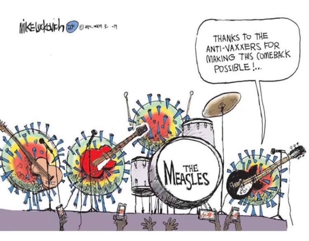 Pictured: a 4-piece rock band made up of viruses. The bass drum says "The Measles".
The virus guitarist says "Thanks to the anti-vaxxers for making this comeback possible!"