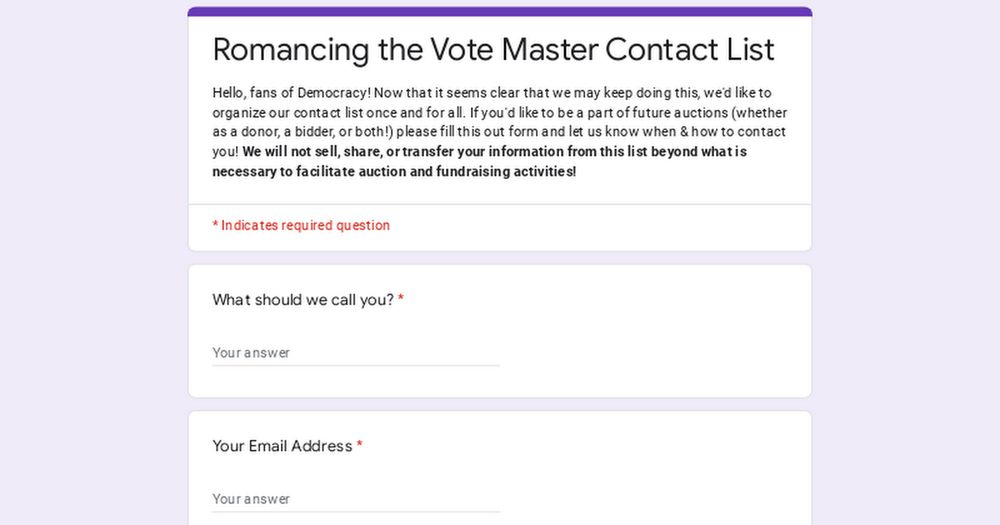 Romancing the Vote Master Contact List