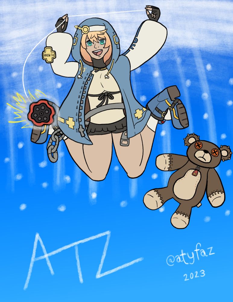 Bridget in her design from Guilty Gear Strive (and Roger the teddy bear is here too) doing a cool yoyo trick creating force of wind and sparks of energy. She is in the middle of doing a bouncy jump with both of her legs pointing upward and her knees pointing at the ground. Behind her is the sky with light shining through the clouds and glowing particles behind her.