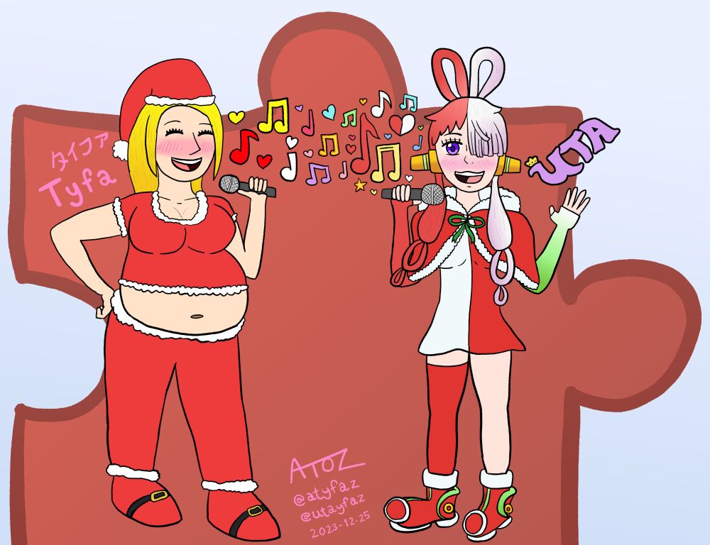 Myself, Tyfa / タイファ, singing along with Uta in Christmas outfits with microphones in our hands and many musical notes and hearts of multiple colors floating about. Behind them is a red puzzle piece and a silvery white background.