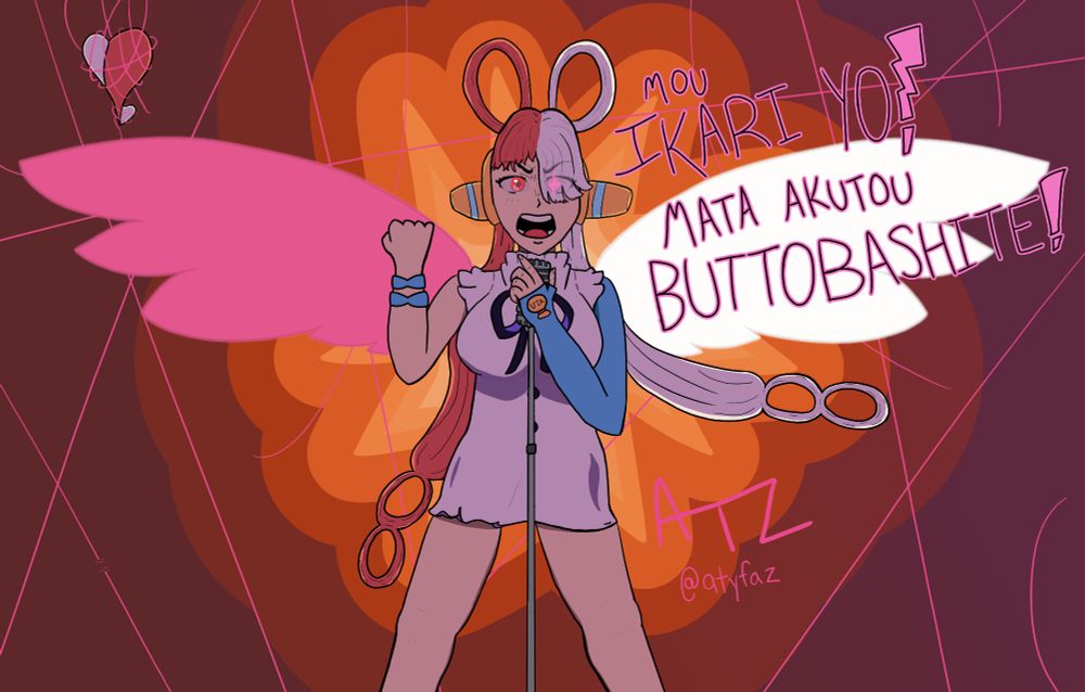 Uta from One Piece Film Red, doing her performance of Backlight (like the music trailer) and singing the lyrics "MOU IKARI YO! MATA AKUTOU BUTTOBASHITE!"（もう怒りよ! また 悪党ぶっ飛ばして!）The lighting is focused behind her with fiery lights and pink threads being cut and unbound around a pulsing white and red heart, while Uta spreads out her glowing pink and white wings and sings with her all into her tightly held microphone.
