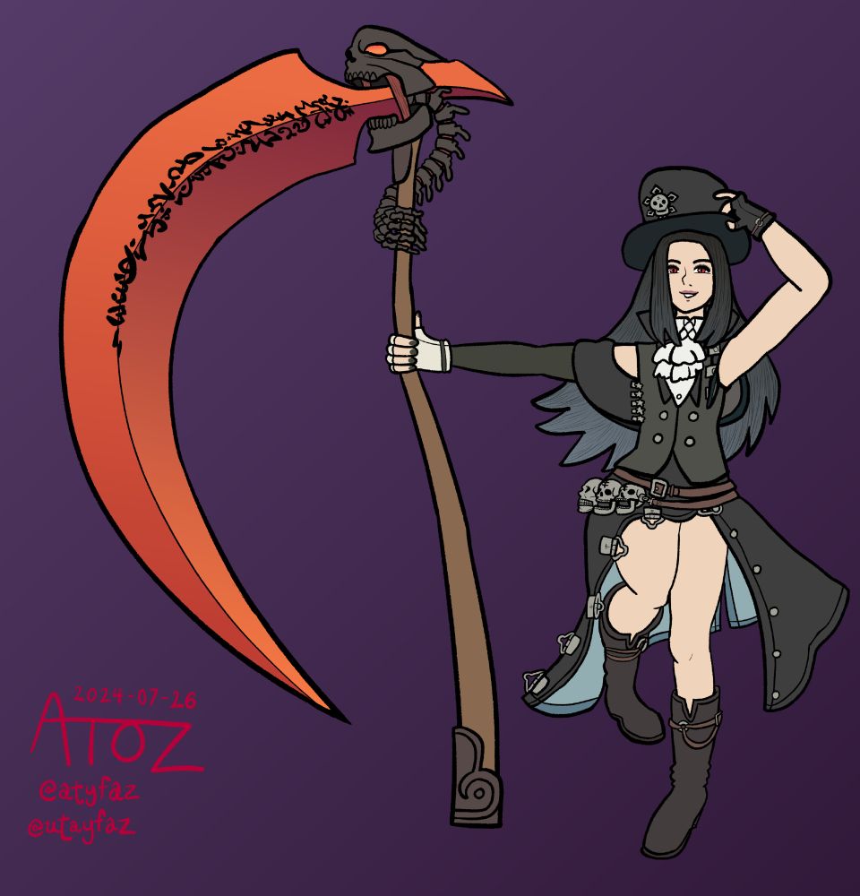 Testament in their design from Guilty Gear Strive, striking a cutesy pose with their hat uplifted, a lipsticked smile, legs angled queerly, and their massive blood scythe weapon at their side. Dark purple background.