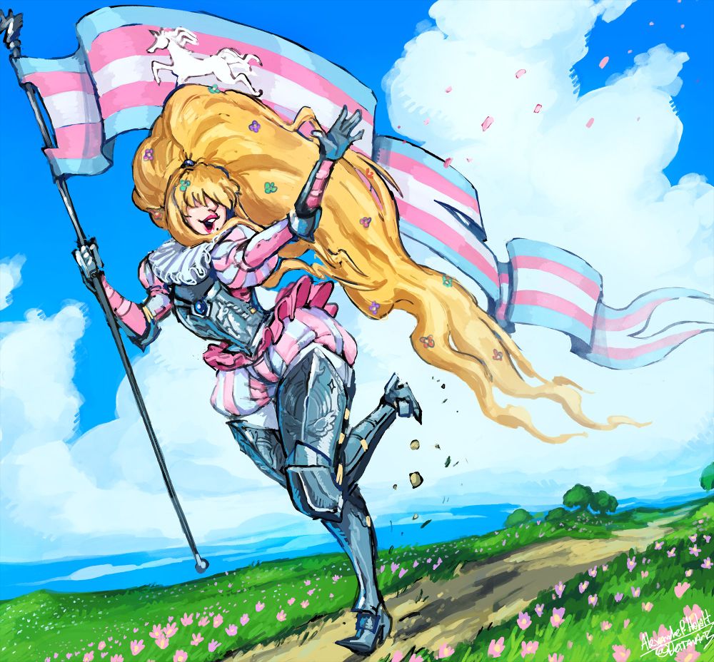 Lady Inez, without her helmet, running down a flower field with a long trans flag with a unicorn on it ~