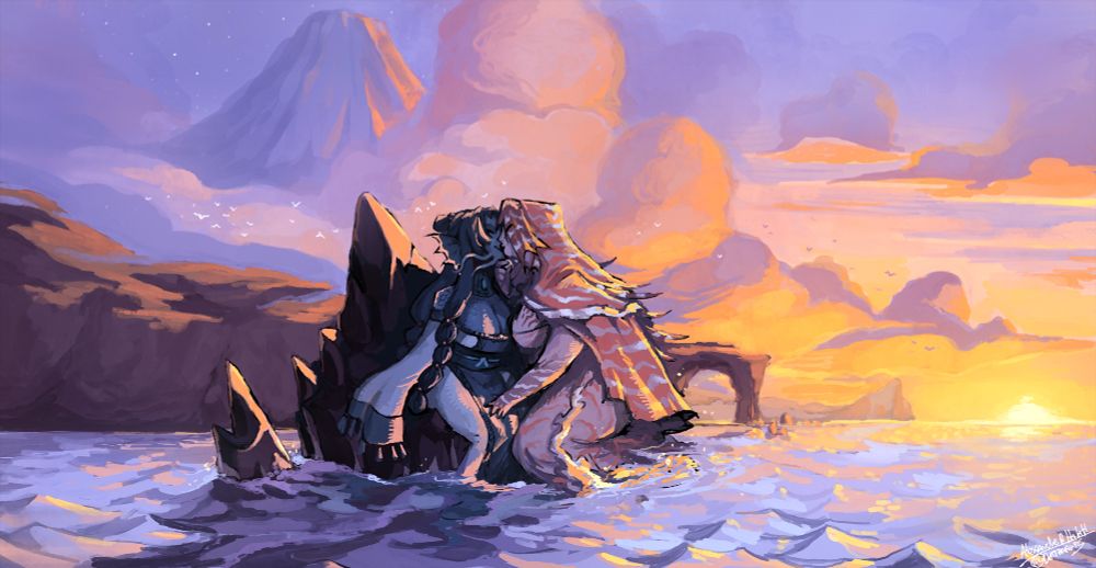 The sea priestess; Syrinx and Aestus making out on a rock in the sea framed by a sunset.