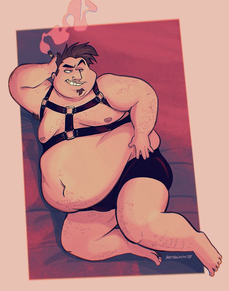 Pinup of Brik laying on his side, looking smug and holding  a cigar.  He's wearing nothing but black trunks and a leather harness.  Lyrics are from "National Treasure" by Barns Courtney 