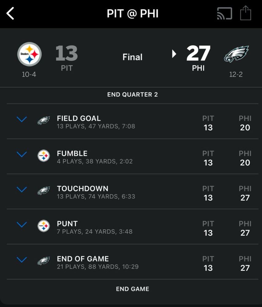 Screenshot of 2nd half drives in Eagles game 