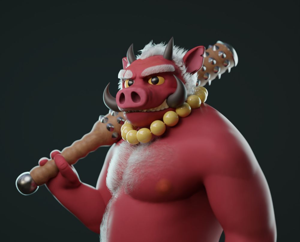 A CGI render of an anthropomorphic pig-like character. He has red skin, black horns and tusks, and white hair. He is also holding a spiked club.